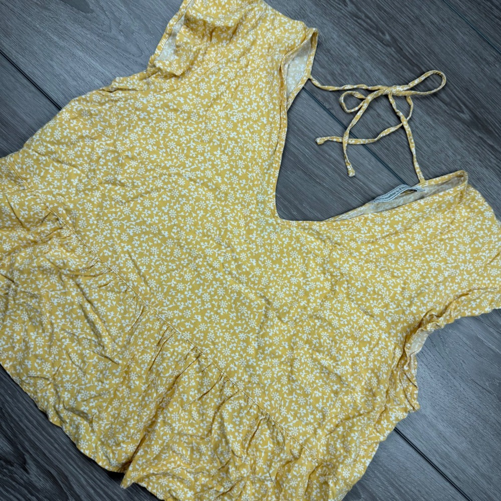 Abercrombie & Fitch Womens Peplum Top Floral V-Neck Ruffle Yellow XL